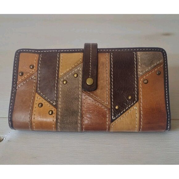 Fossil Patchwork Leather Suede Snap Clutch Wallet Boho Hippie Western Brown Vtg - Picture 1 of 5
